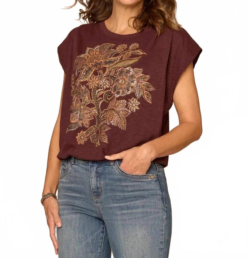 NEW DEMOCRACY origami cap sleeve scoop neck cased hem screen printed knit top in